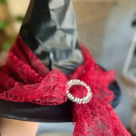 Witch Hat Red Lace Rhinestone Buckle | 10” Tall | Halloween Costume Accessory - Picture 3 of 6